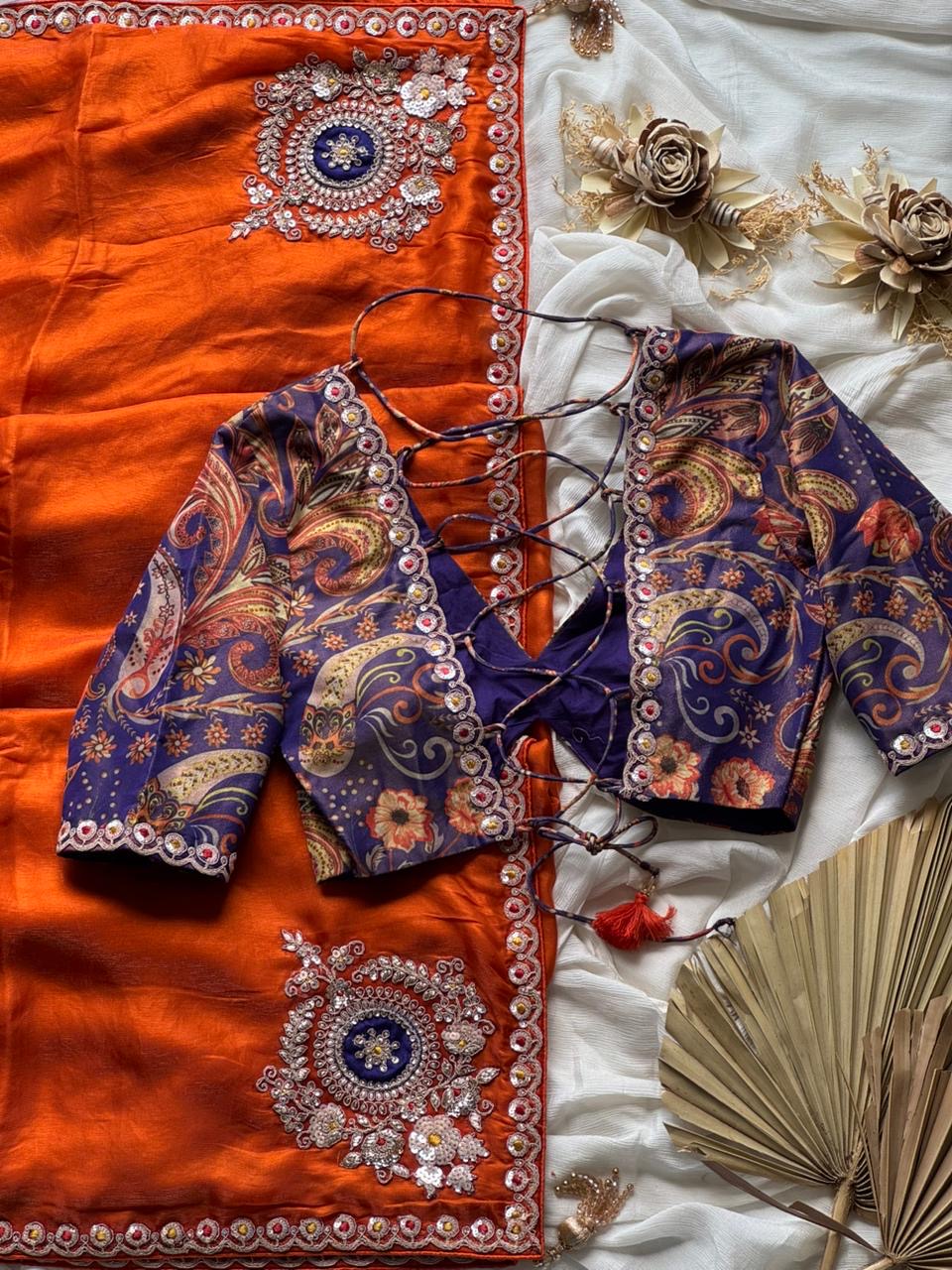 Dusty Orange Organza Tissue Silk Designer Saree