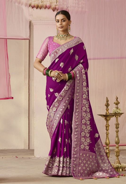 Orchid Purple Pure Dola Silk Floral Weaving Saree