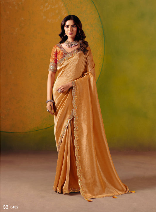 Orange Zari Viscose Tissue Saree With Orange Embroidered Silk Stitched Blouse
