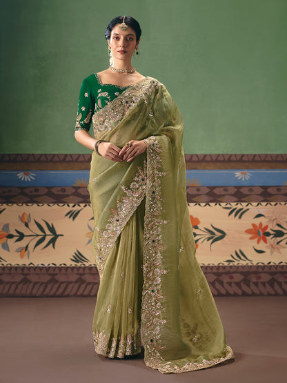 Olive Green Soft Tissue Silk Designer Saree