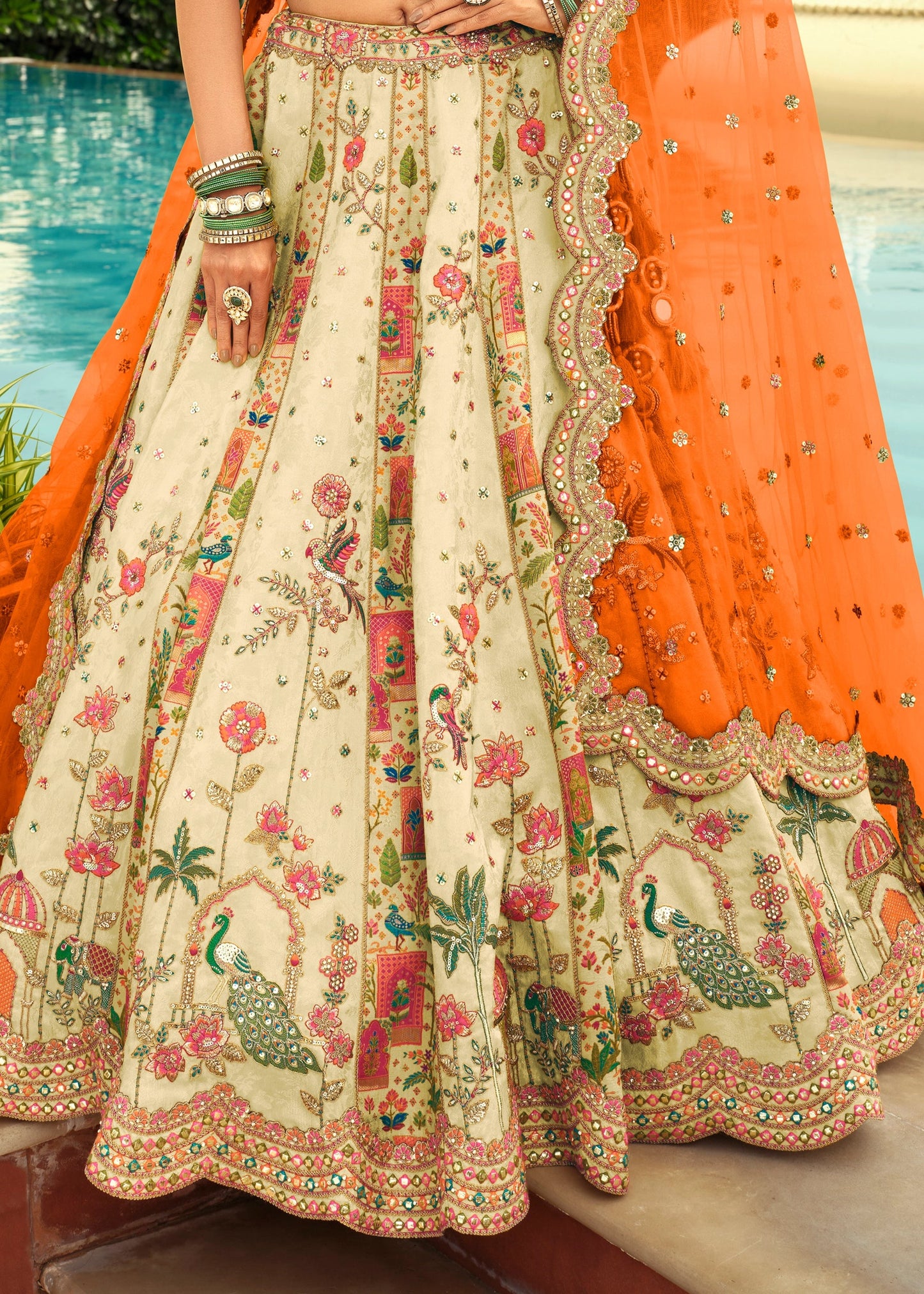 Off White & Orange Silk Designer Lehenga with Readymade Blouse
