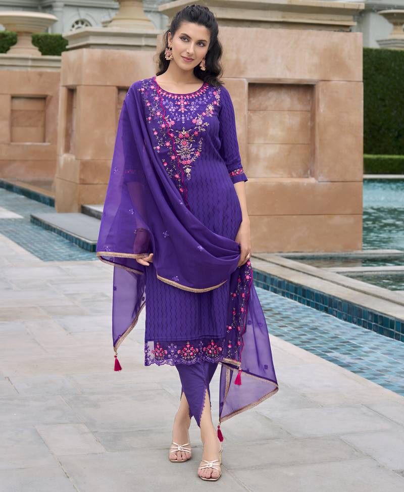 Purple Viscose Silk Embroidery Suit Set