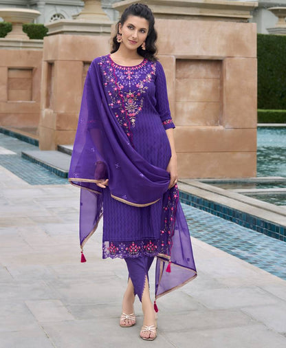 Purple Viscose Silk Embroidery Suit Set
