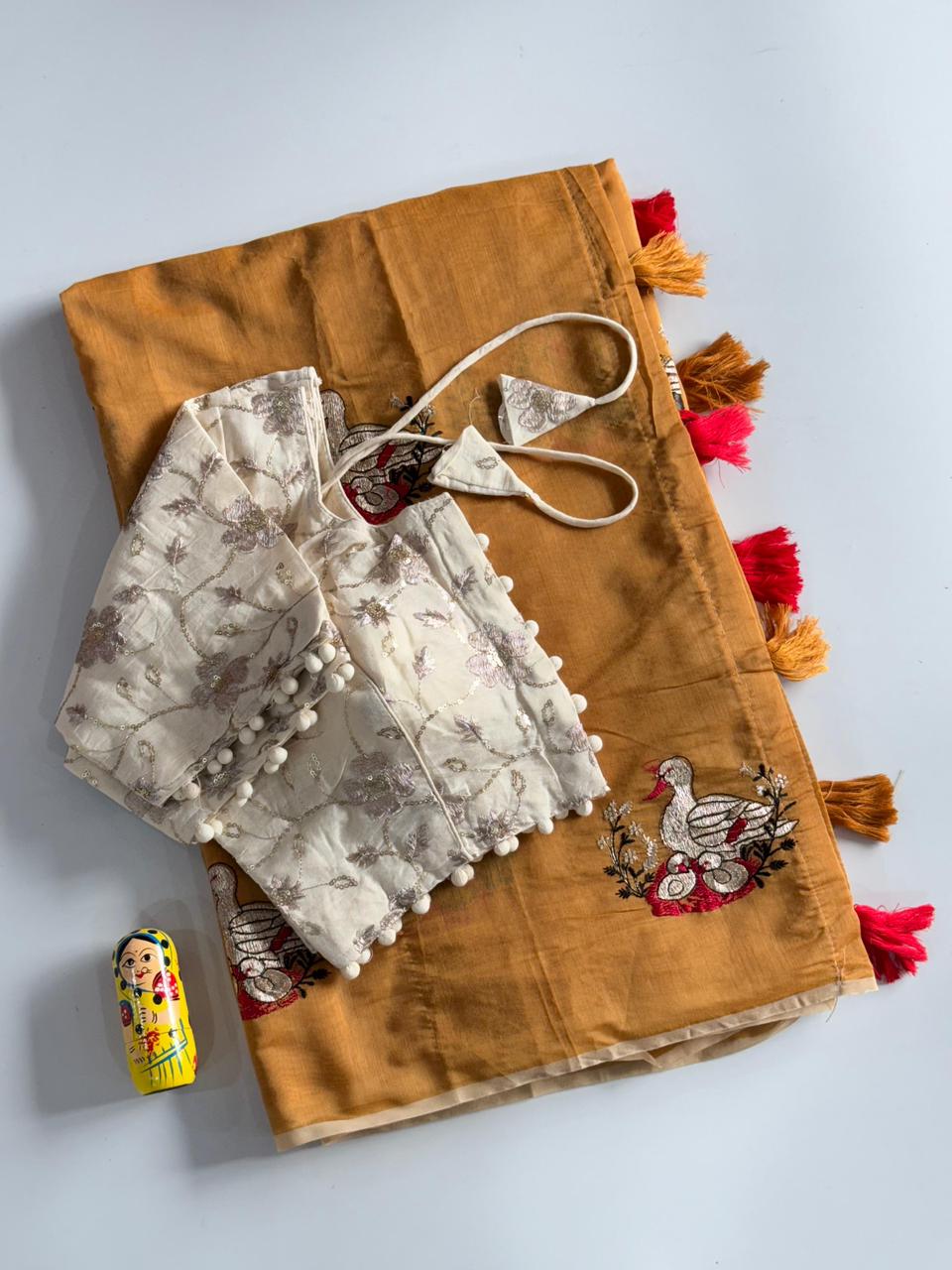 Chanderi Cotton Embroidered Saree with Readymade Blouse