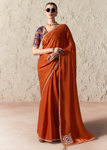 Dusty Orange Organza Tissue Silk Designer Saree
