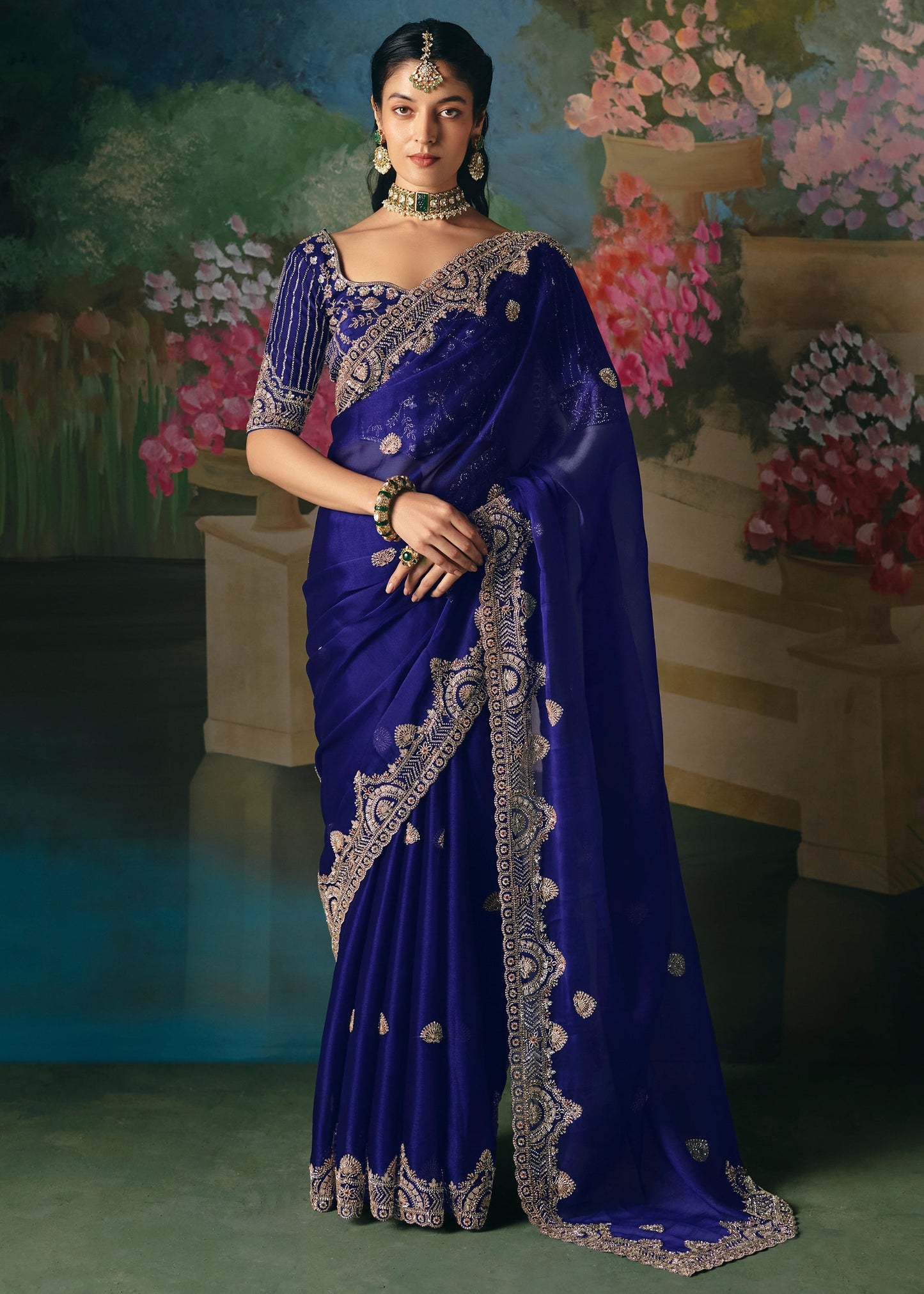 Royal Blue Soft Tissue Silk Heavy Blouse Designer Saree