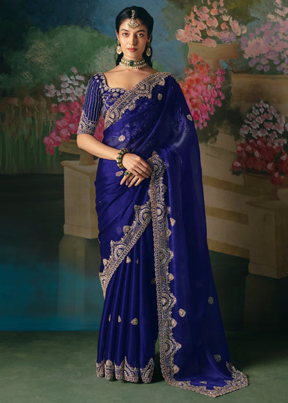 Royal Blue Soft Tissue Silk Heavy Blouse Designer Saree