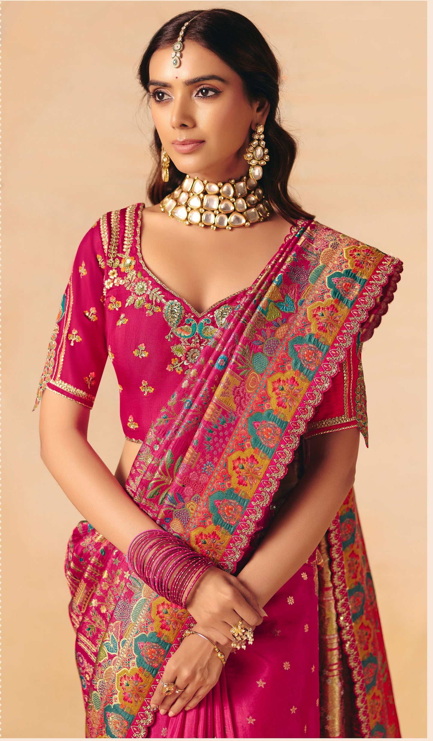 Rani Dola Silk Half Embroidery & Half Position Print Saree