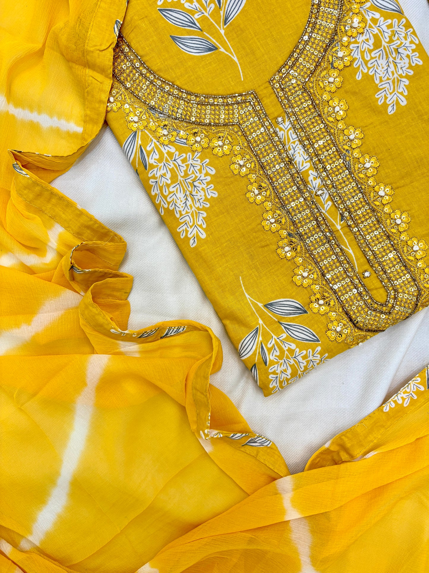 Floral Print with Handwork Cotton Yellow Unstitch Suit Set