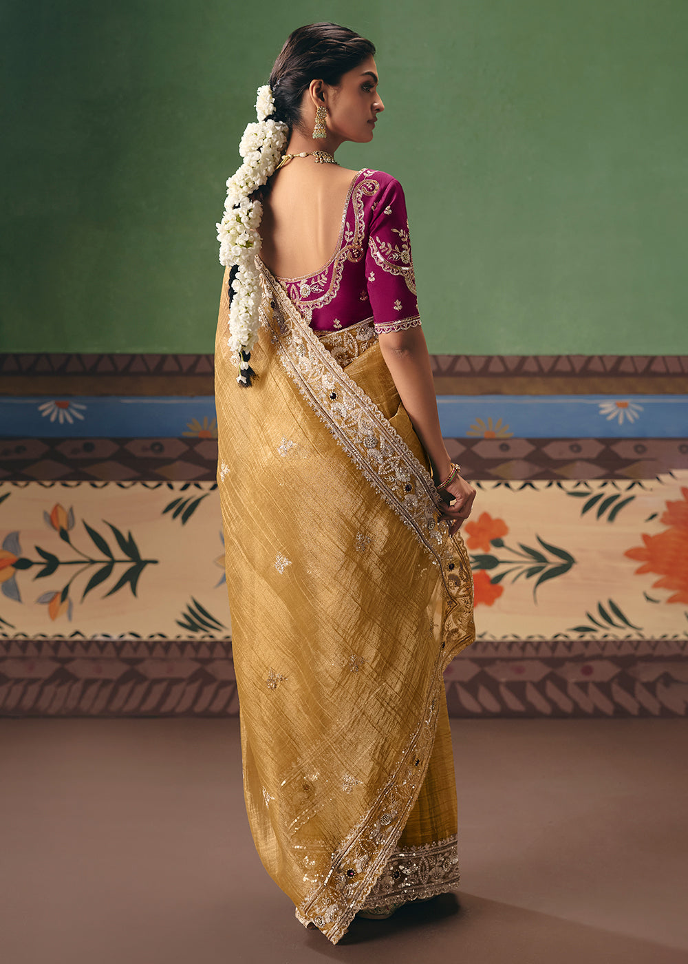 Yellow Crush Tissue Silk Heavy Border Designer Saree
