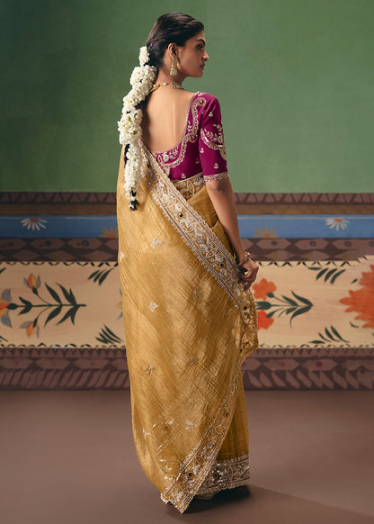 Yellow Crush Tissue Silk Heavy Border Designer Saree