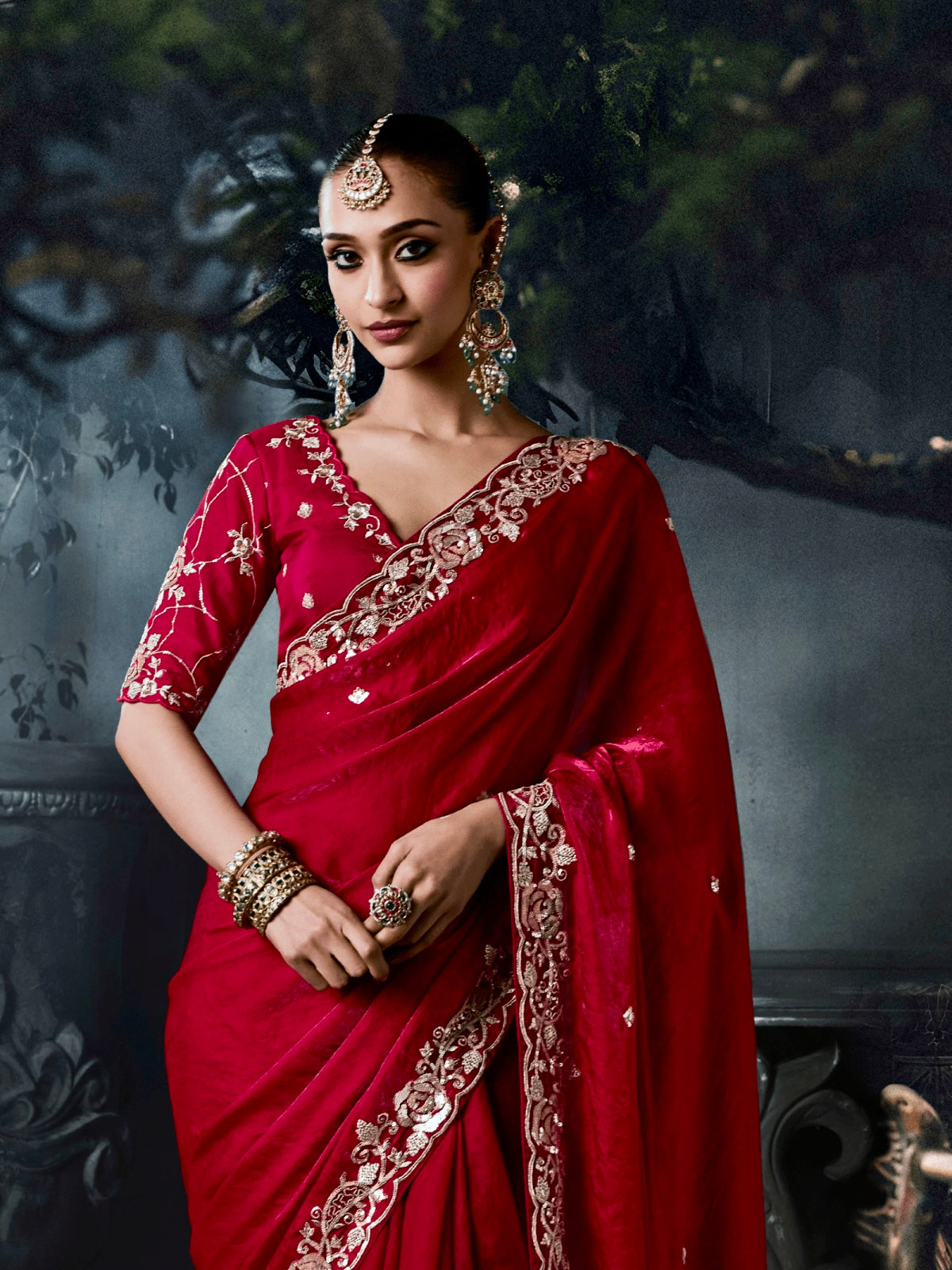 Blood Red Soft Tissue Silk Heavy border Designer Saree