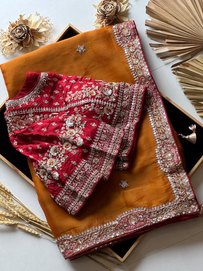 Mustard Yellow Tissue Silk Saree with Designer Readymade Blouse