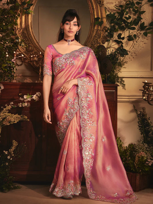 Pink Soft Tissue Silk Heavy Designer Saree