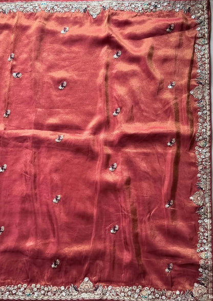 Peach Tissue Silk Designer Saree with Heavy Readymade Blouse