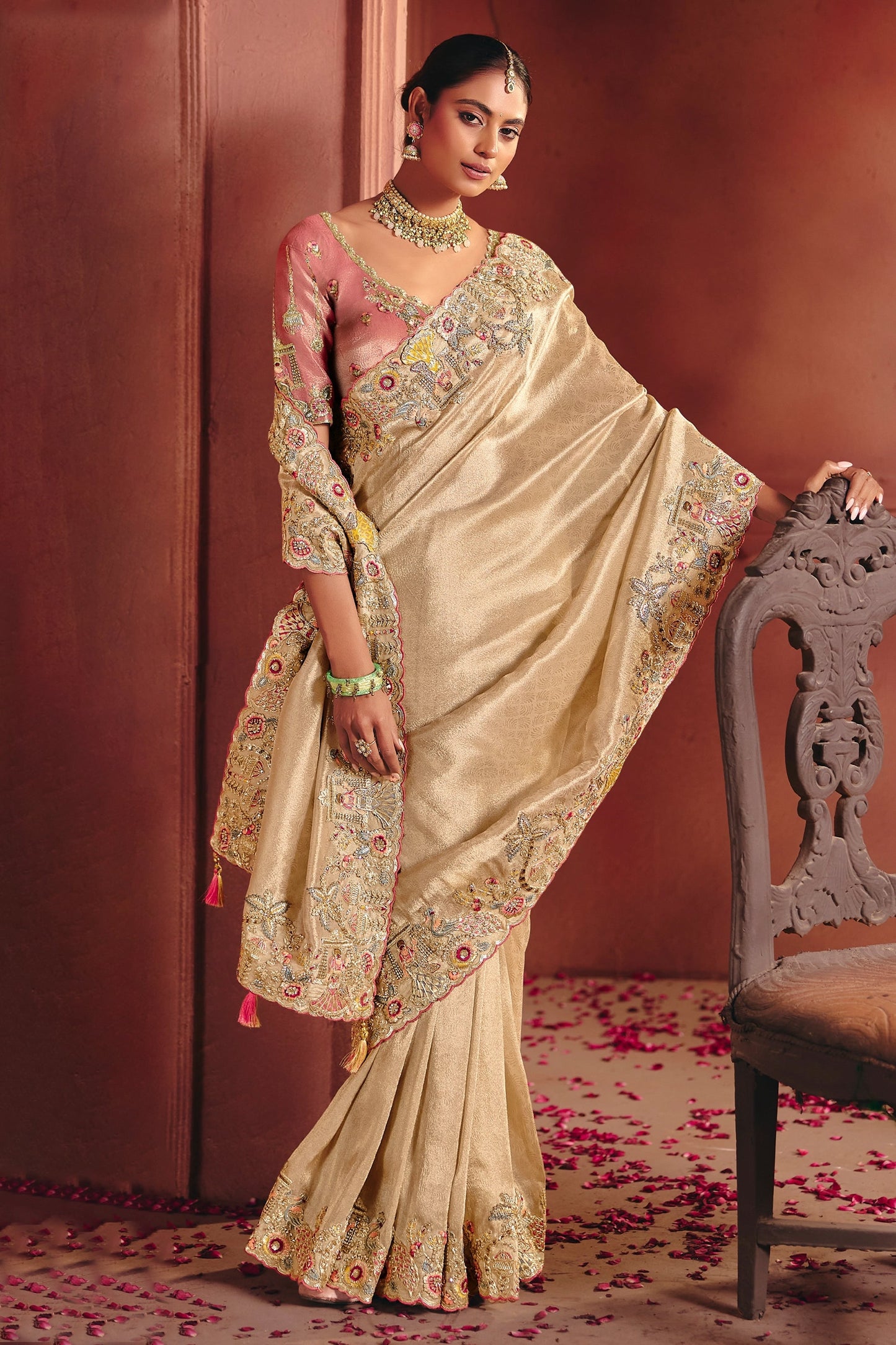 Champagne Gold Heavy Border Gloss Silk Saree