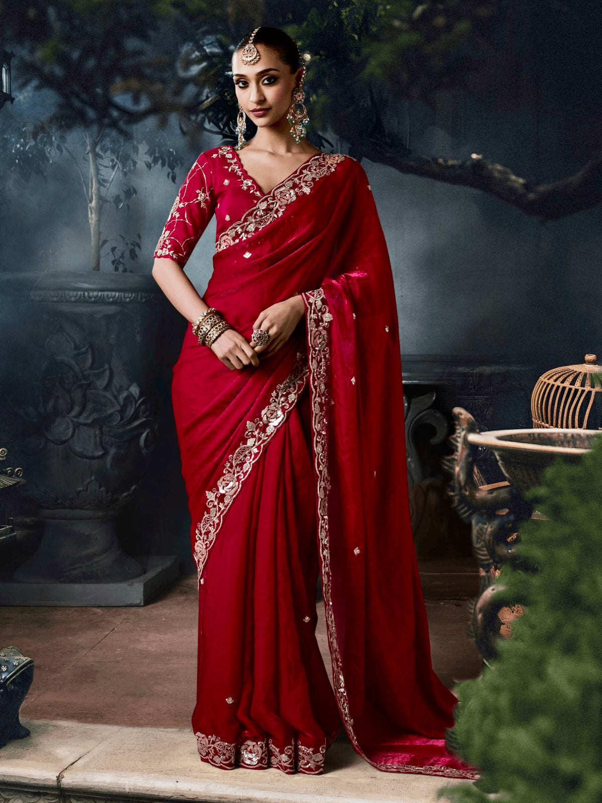 Blood Red Soft Tissue Silk Heavy border Designer Saree