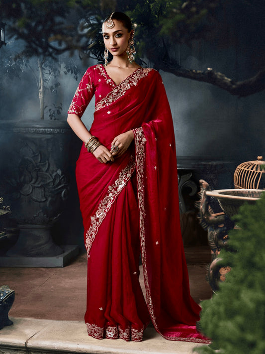Blood Red Soft Tissue Silk Heavy border Designer Saree