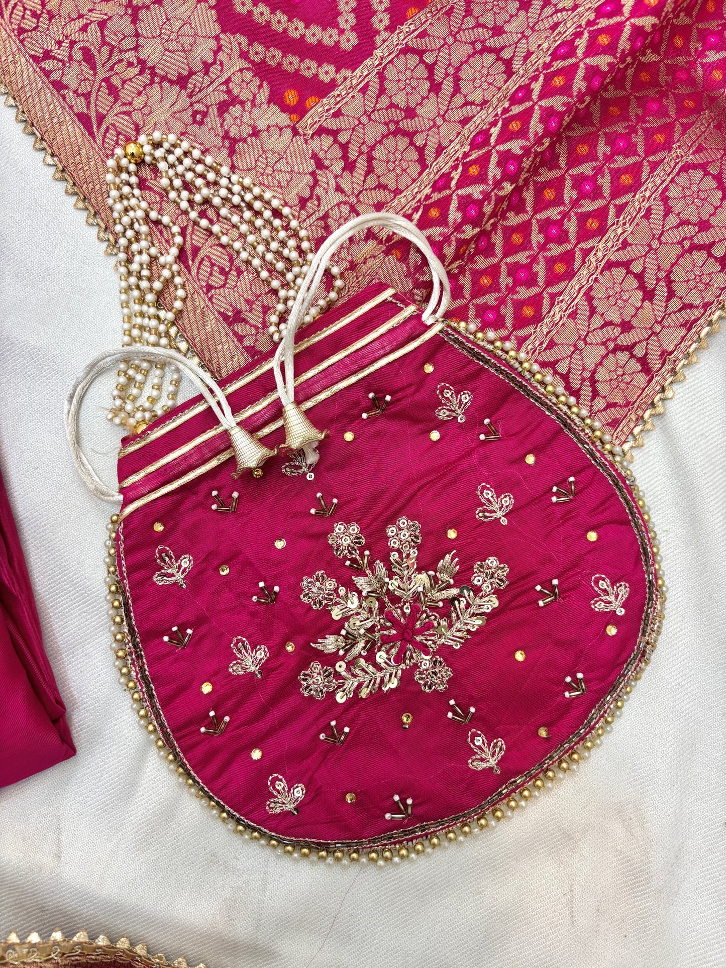 Beautiful Silk Zari Unstitch Suit Set with Potli Bag