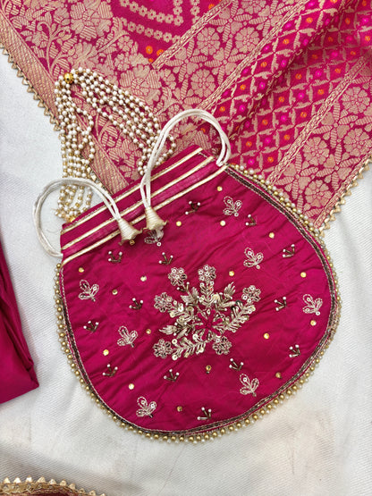 Beautiful Silk Zari Unstitch Suit Set with Potli Bag