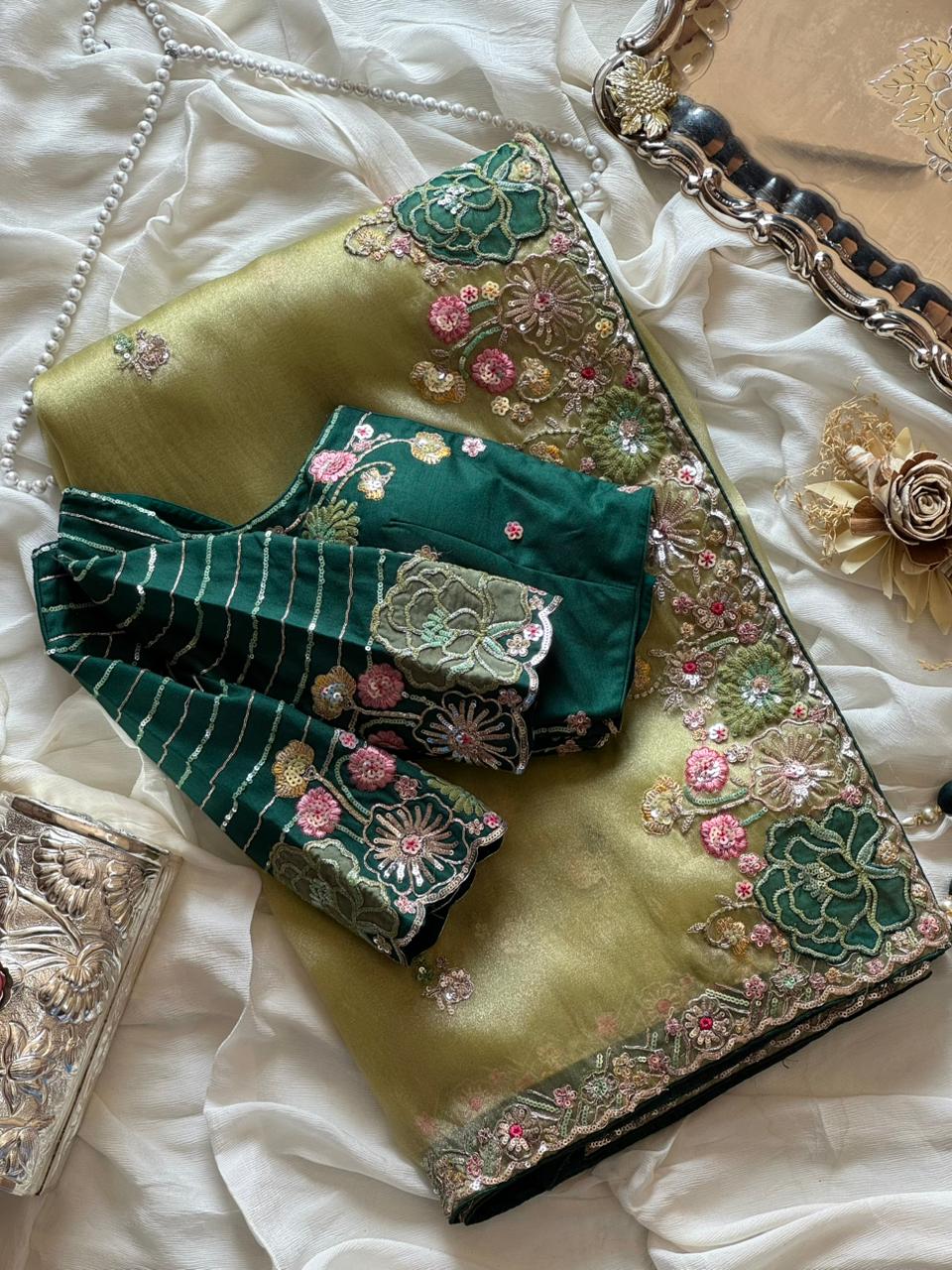 Pista Organza Tissue Silk Saree With Designer Blouse