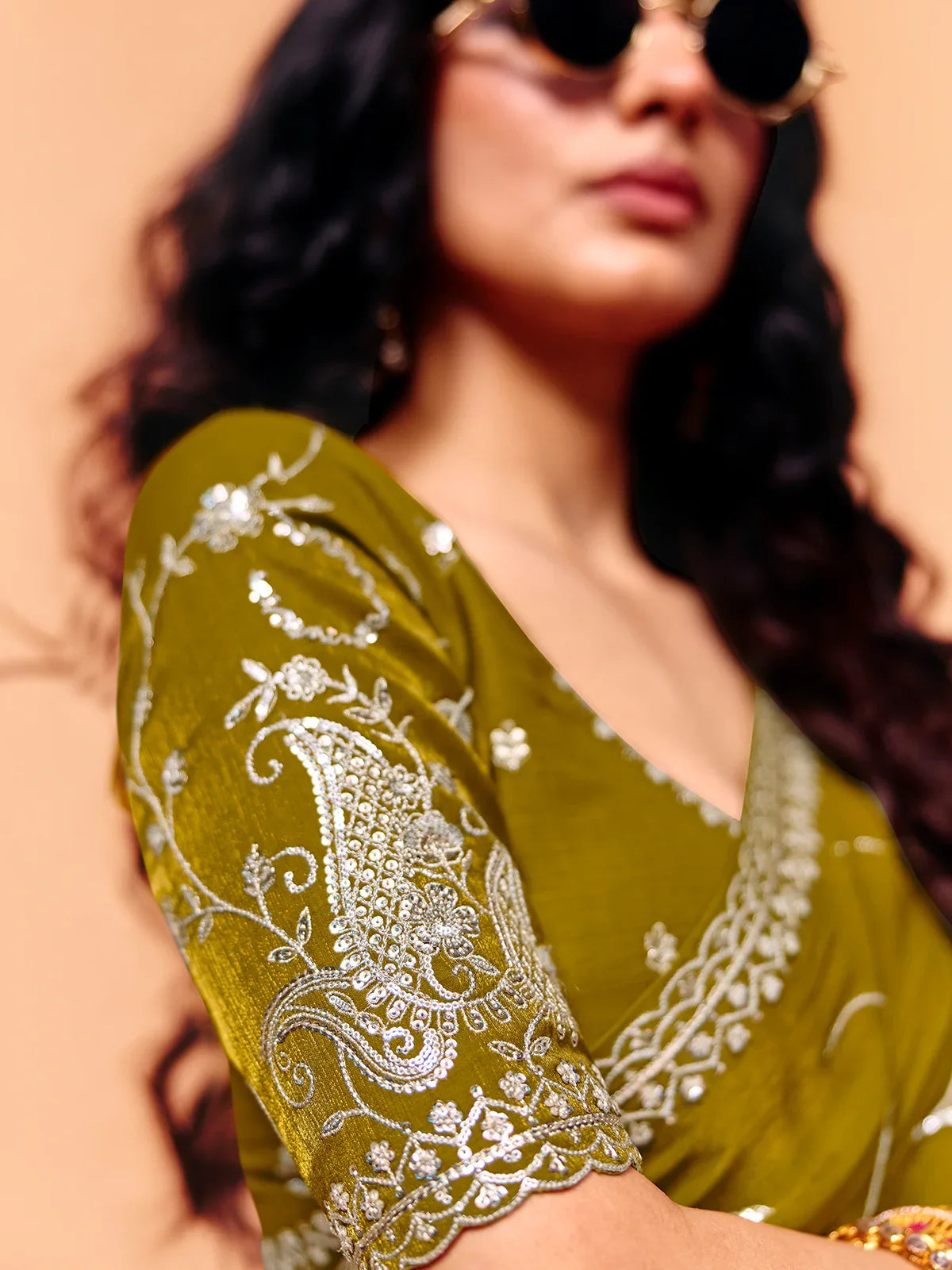 Olive Green Soft Tissue Silk Designer Saree