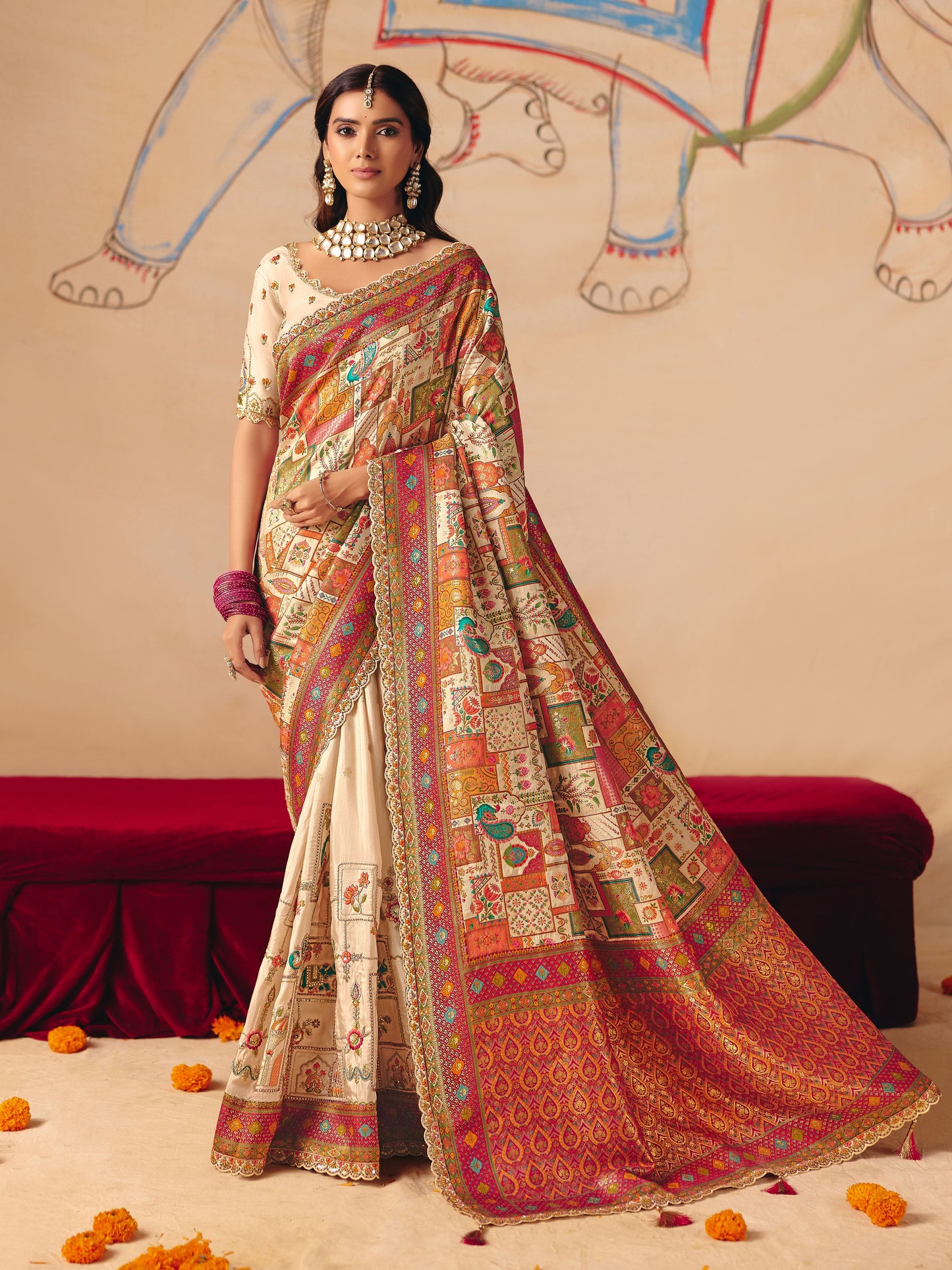 Cream Dola Silk Half Embroidery & Half Position Print Saree
