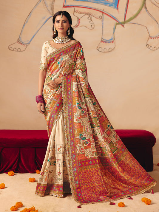 Cream Dola Silk Half Embroidery & Half Position Print Saree