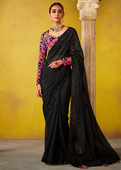 Elegant Black Saree with Vibrant Floral Multicolour Blouse
