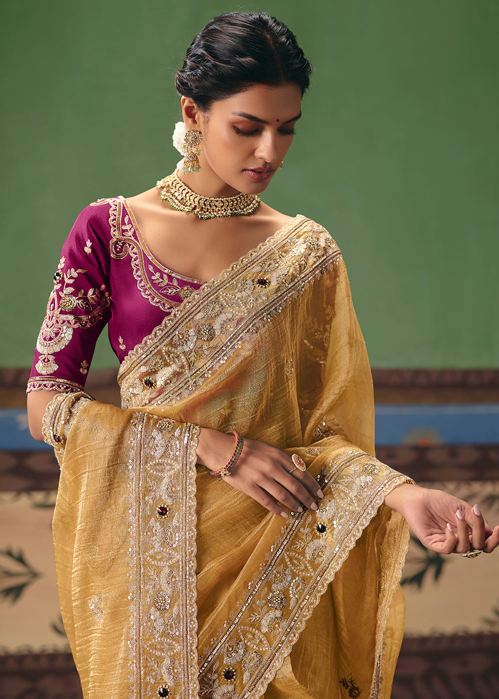 Yellow Crush Tissue Silk Heavy Border Designer Saree