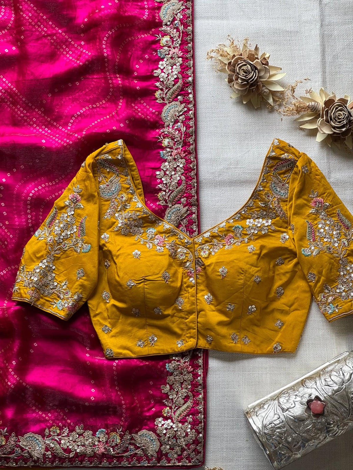 Pink Bandhej Saree with heavy work designer blouse piece