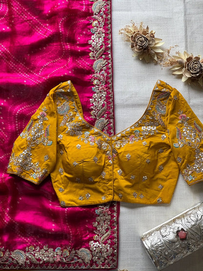 Pink Bandhej Saree with heavy work designer blouse piece