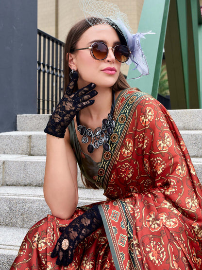 Ochre Red Satin Crepe Digital Printed Saree