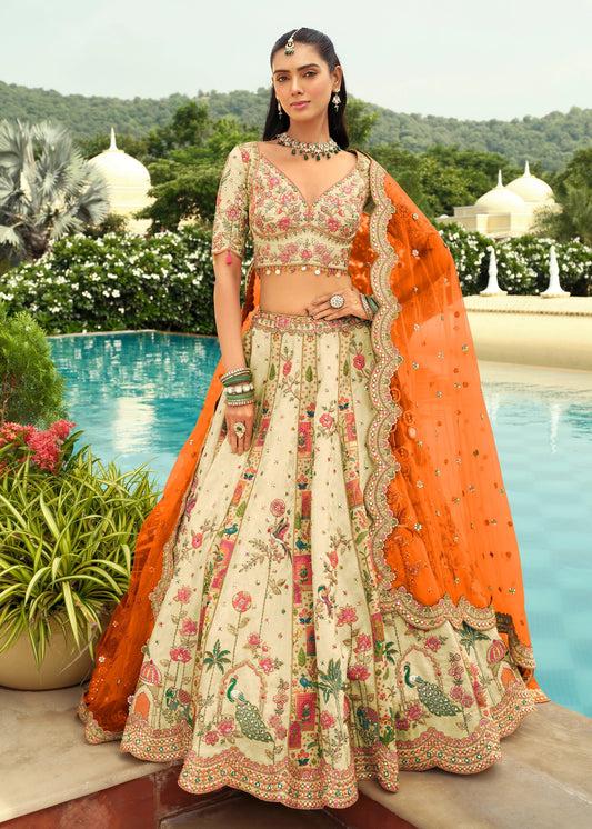 Off White & Orange Silk Designer Lehenga with Readymade Blouse