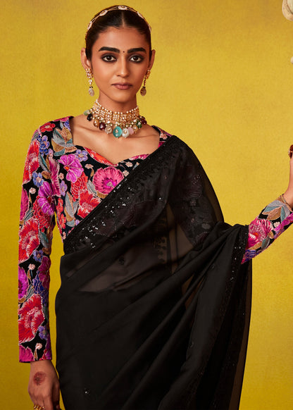 Elegant Black Saree with Vibrant Floral Multicolour Blouse