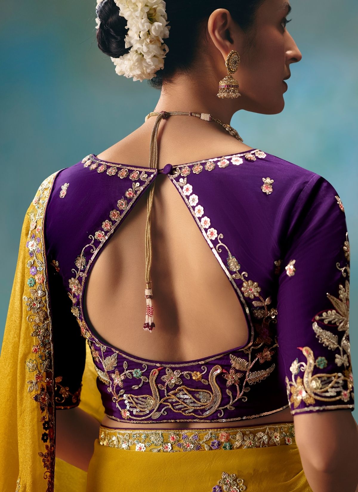 Mustard Yellow Tissue Silk Floral Zari Work Saree