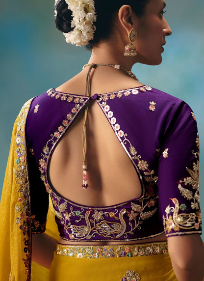 Mustard Yellow Tissue Silk Floral Zari Work Saree
