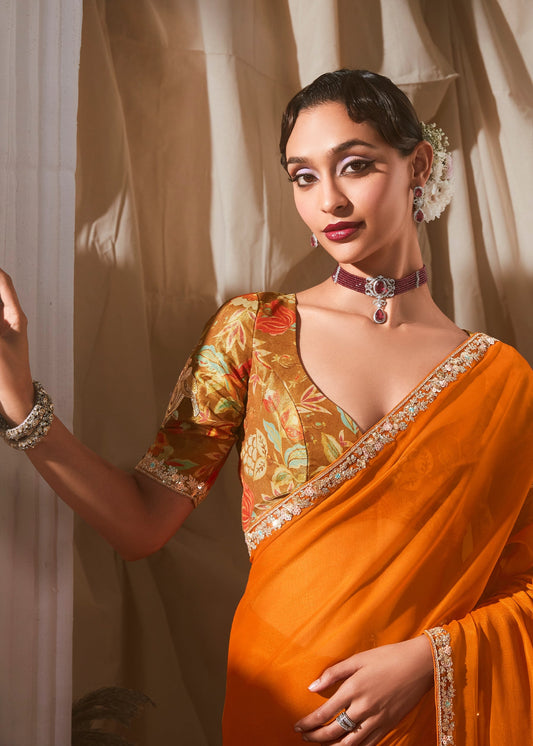 Peel Orange Soft Tissue Silk Designer Saree