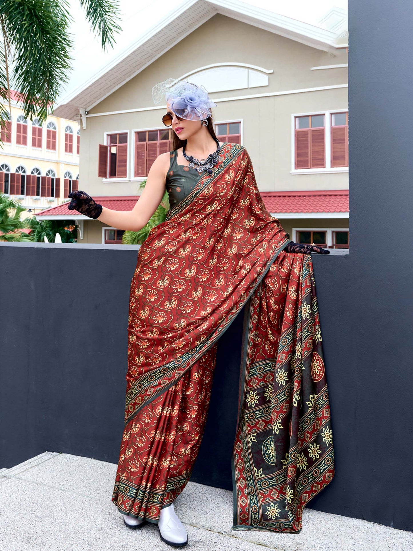 Ochre Red Satin Crepe Digital Printed Saree