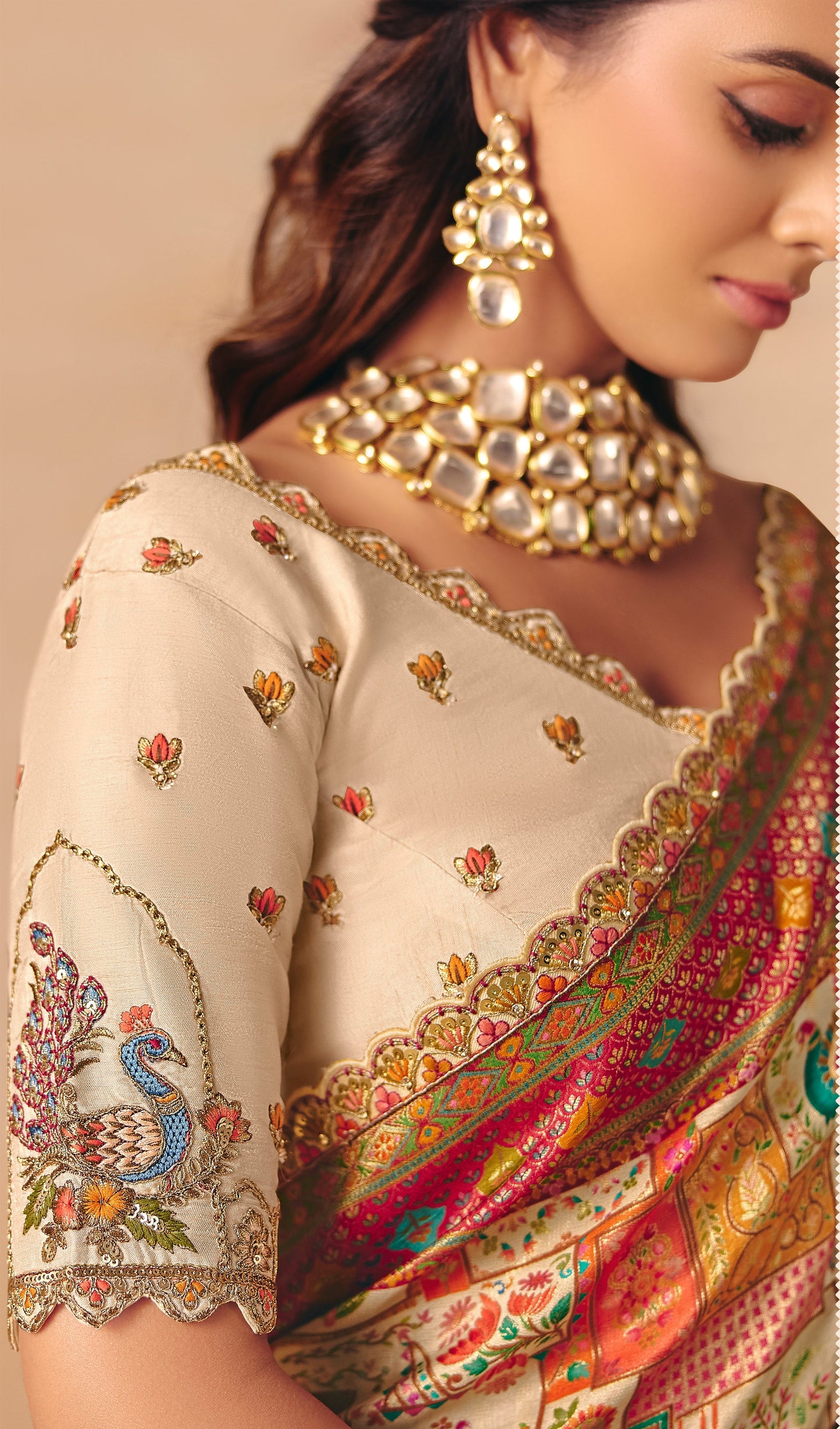 Cream Dola Silk Half Embroidery & Half Position Print Saree