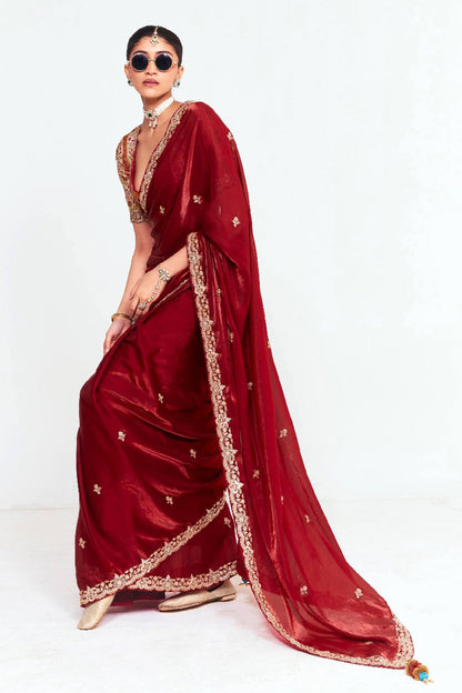 Ruby Red Tissue Organza Silk Partywear Saree
