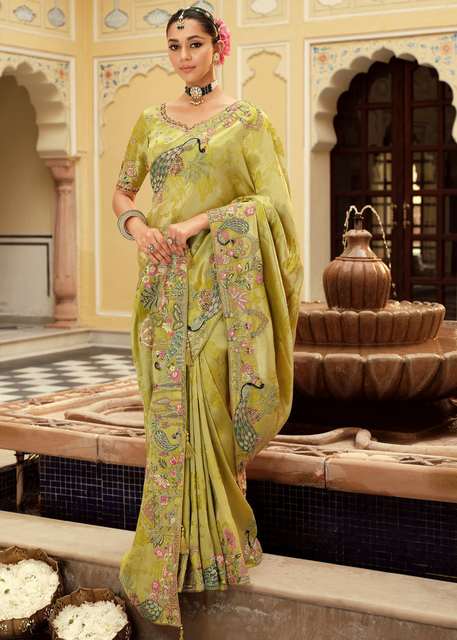 Olive Green Embroidered Border Zari Viscose Silk Saree With matching Blouse
