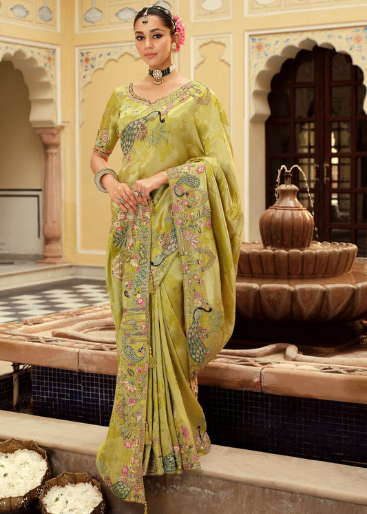 Olive Green Embroidered Border Zari Viscose Silk Saree With matching Blouse