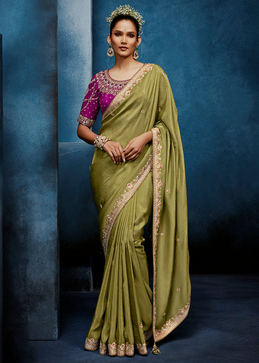 Sage Green Soft Tissue Silk Designer Saree with Readymade Blouse