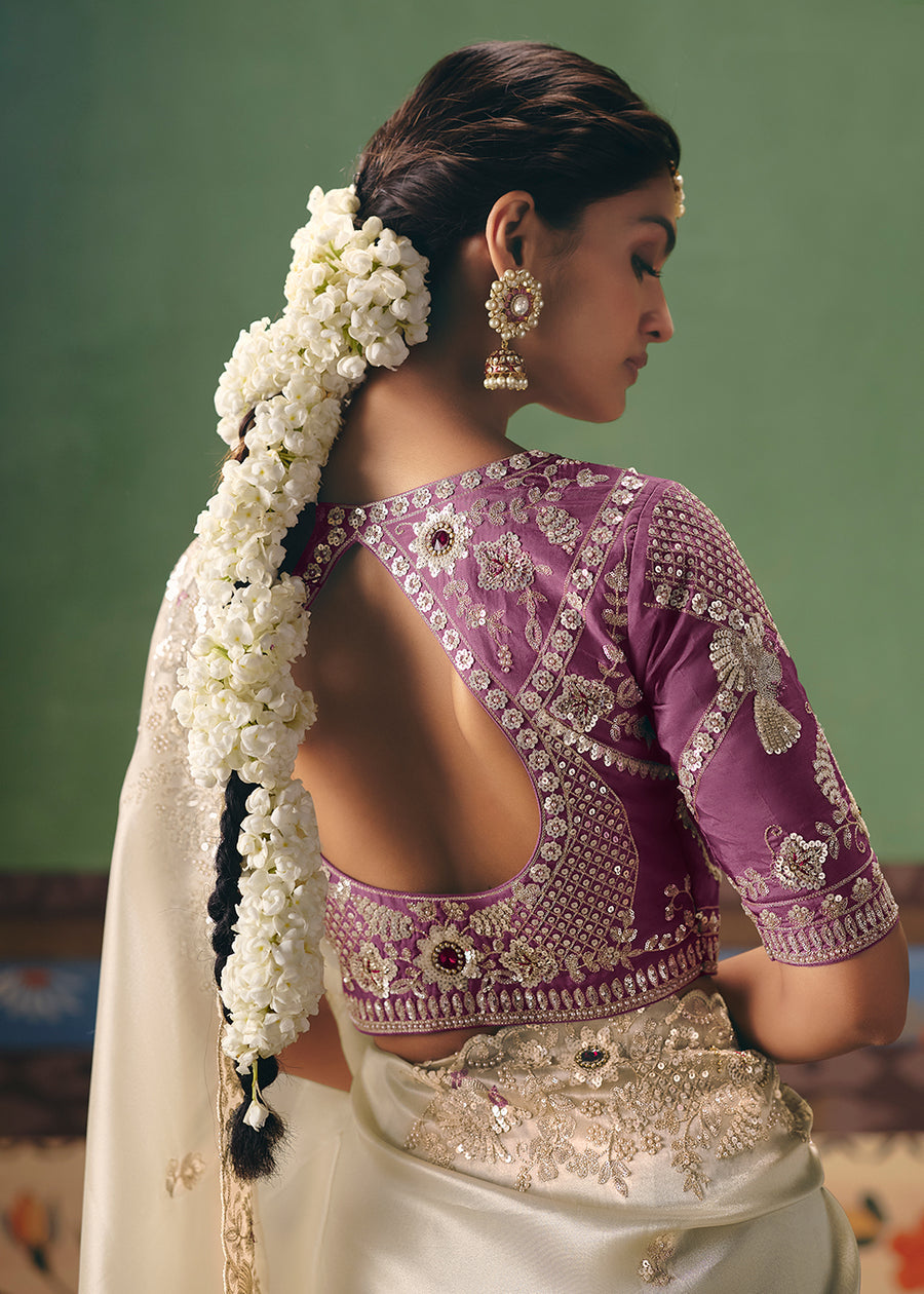 Cream Soft Tissue Silk Heavy Work Designer Saree