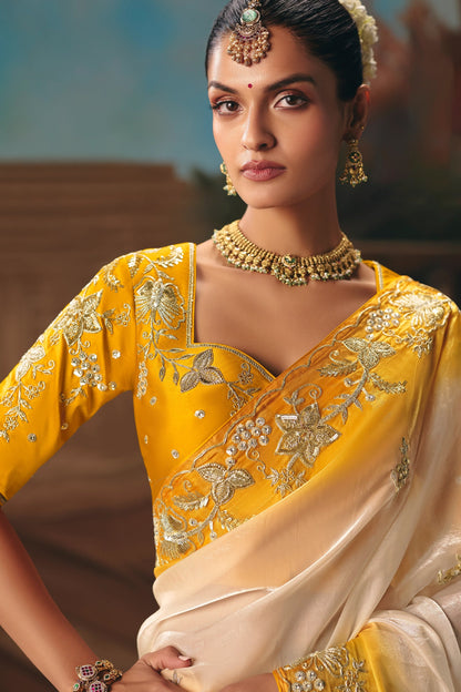 Ivory & Mustard Premium Gloss Tissue Silk Saree