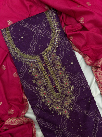 Purple Zari Work Unstitch Suit Set with Banarasi Dupatta