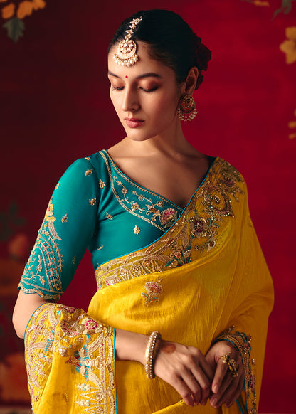 Yellow Organza Tissue Silk Heavy border Designer Saree