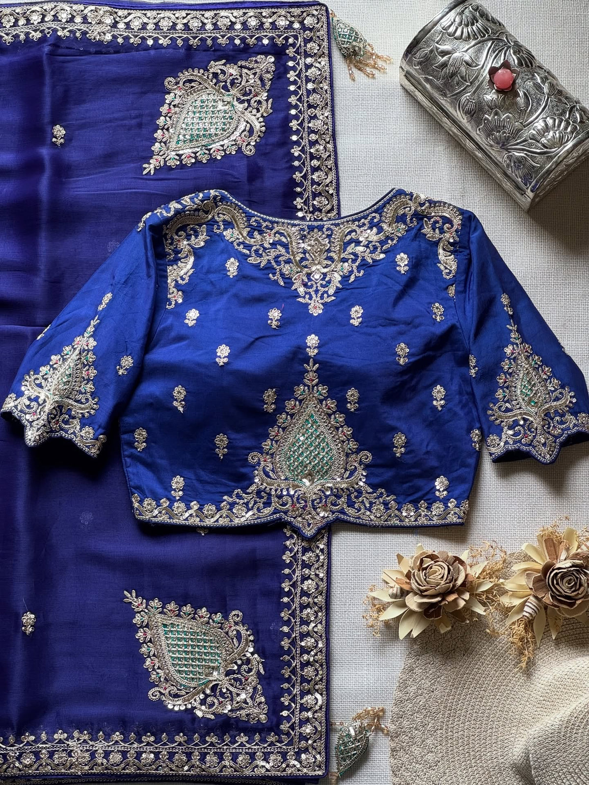 Royal Blue Tissue Silk Saree with designer blouse piece