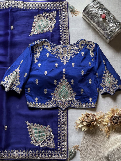 Royal Blue Tissue Silk Saree with designer blouse piece